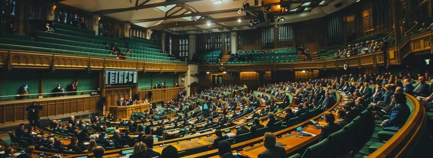 A legislative chamber in session, seen from the public gallery — tiers of green benches curving around the floor, filled with seated members