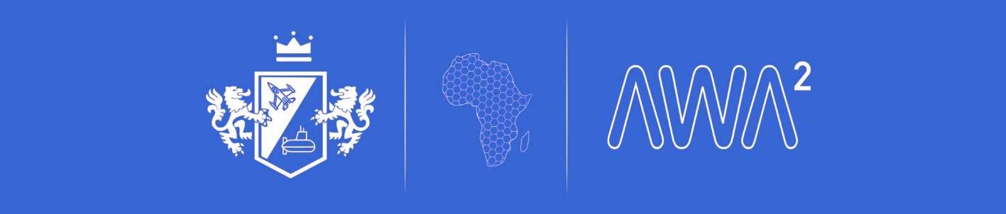 The AWA 2 lockup — a crowned crest flanked by lions over a fighter jet and a submarine, a hexagonal-mesh map of Africa, and the AWA² wordmark