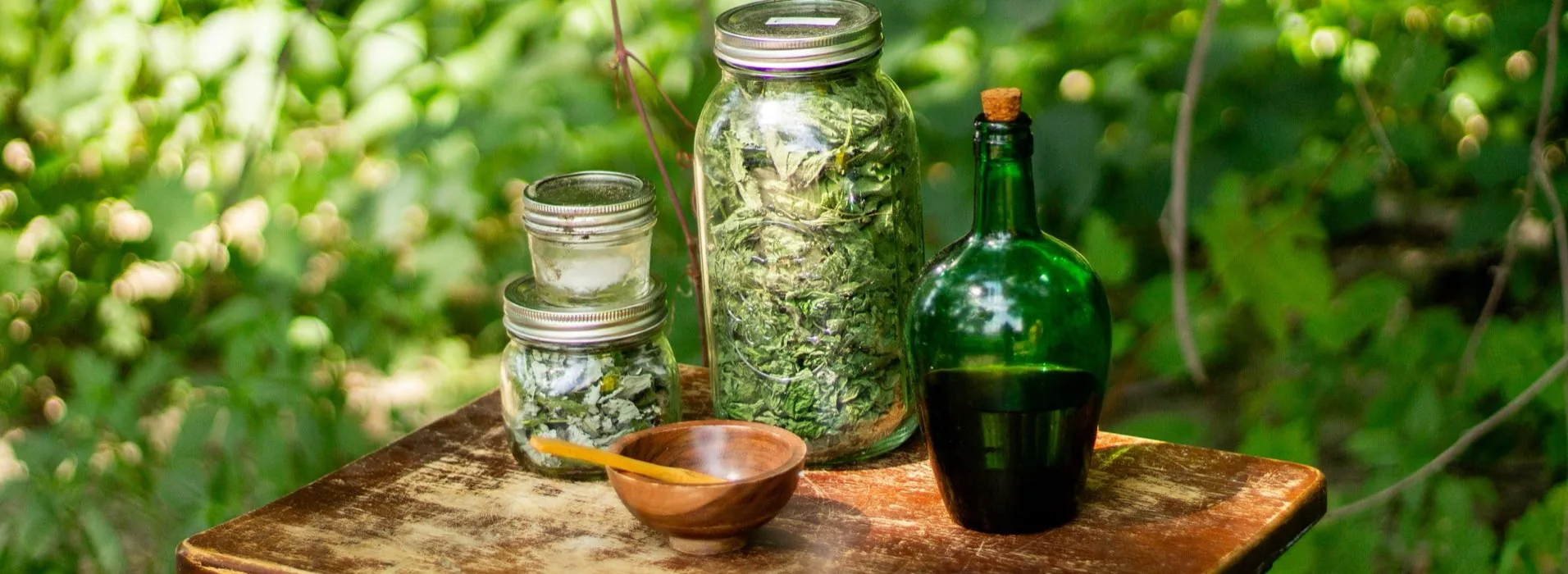 Glass jars of dried herbs, a wooden bowl and a green apothecary bottle on a weathered table in the undergrowth