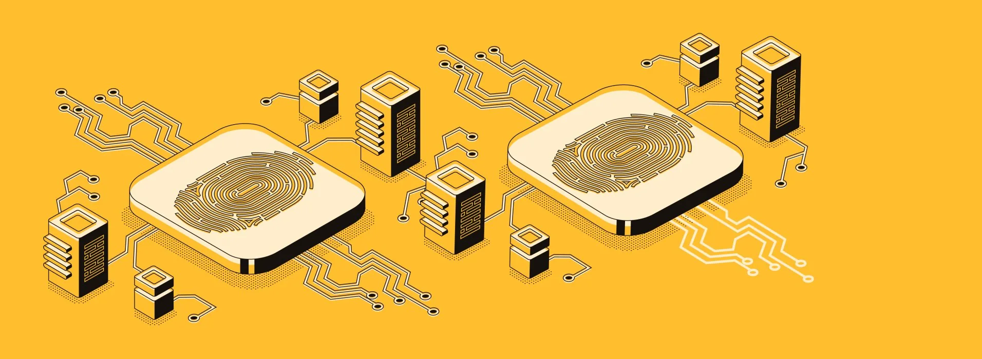 An isometric illustration of two fingerprint pads wired to rows of servers, the single point of retrieval for a citizen's records
