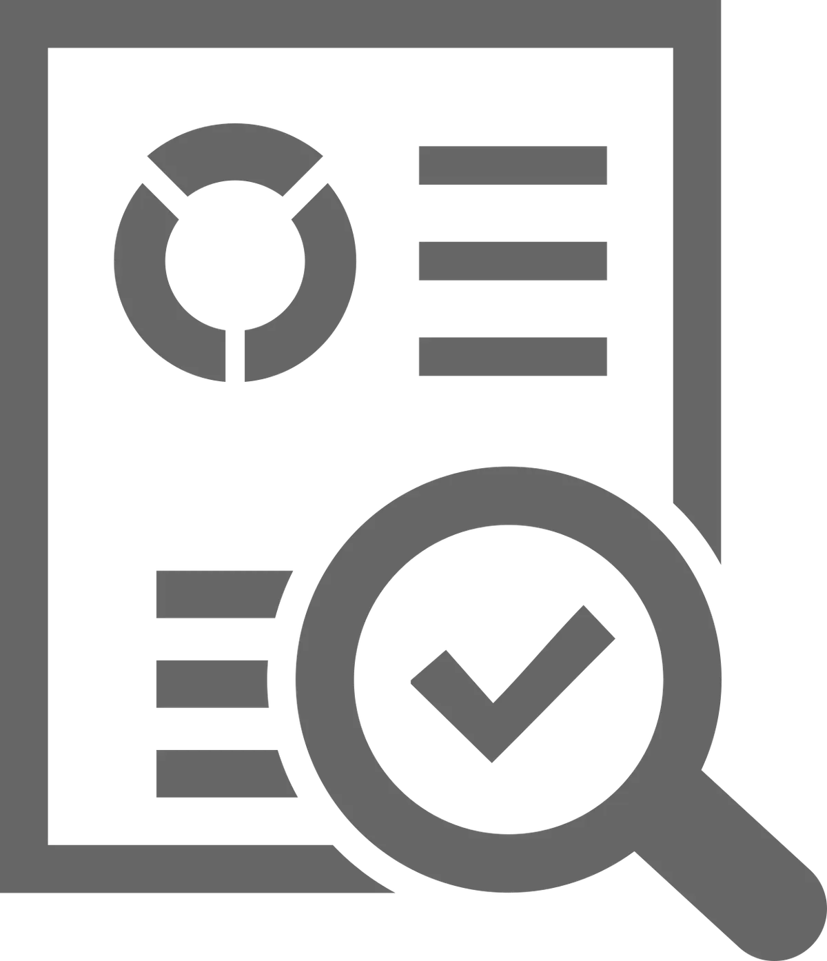 An audit checklist icon, magnifying glass over a verified report